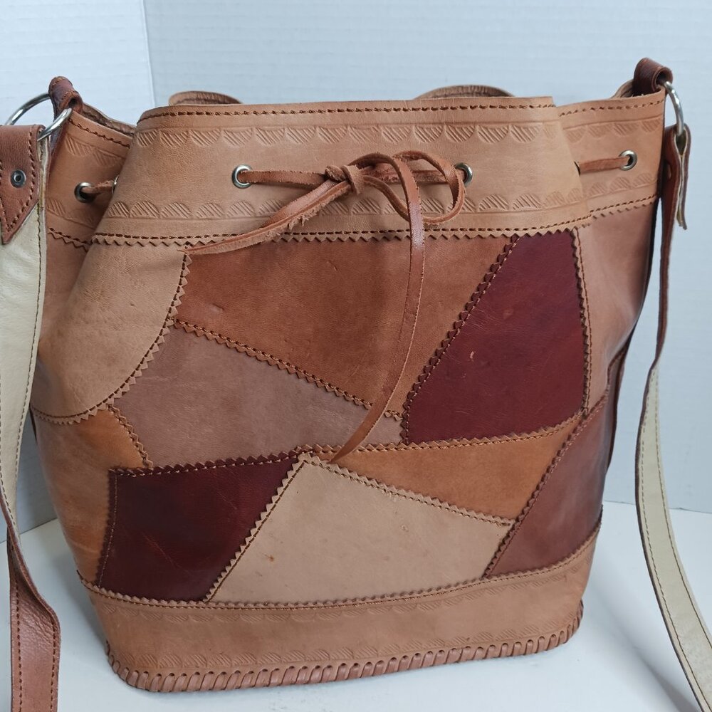 Vintage 80's Leather Patchwork Drawstring Bucket Shoulder Cross Body Bag - Picture 12 of 12